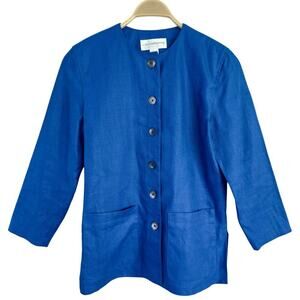 VTG Liz Claiborne sz 4P Jacket 100% LINEN Shacket Blazer Blue Lagenlook 80s EUC